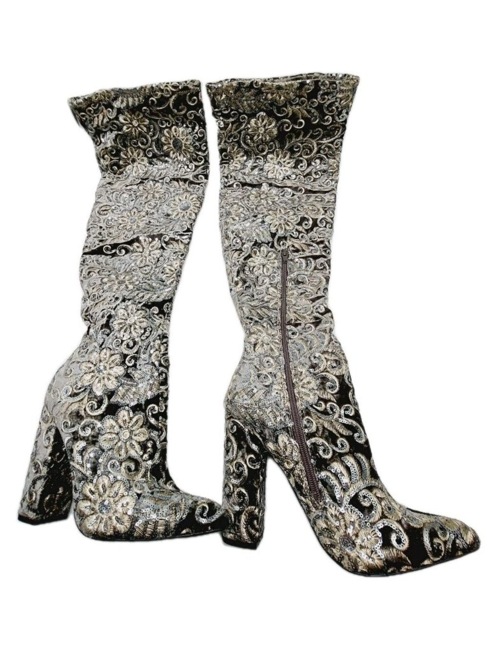 Lauren Lorraine Boots Womenโs Size 8.5 Block Heel Over The Knee Thigh Sequins